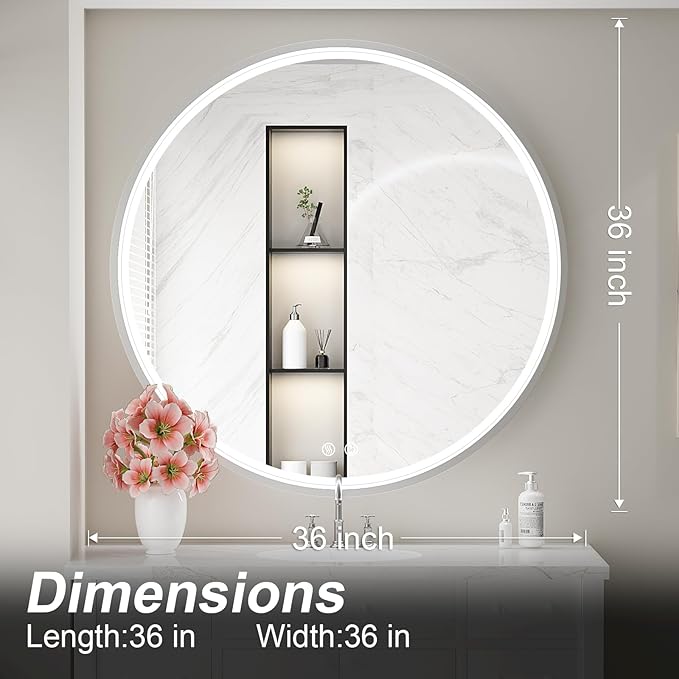 36" Round LED Bathroom Mirror, Dimmable Anti-Fog Vanity Mirror with Touch Control, 6000K Natural Light, Silver Metal Frame, Wall Mounted for Makeup Shaving (IP54, 90+ CRI)