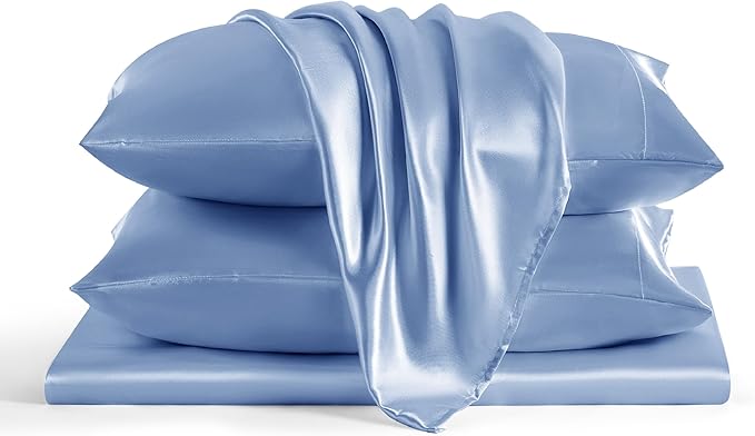 Bedsure Satin Sheets King Size - 4 Piece Silky Bedsheets with 15 Inches Deep Pocket Fitted Bedsheet,1 Flat Sheet, 2 Satin Pillowcases, Good for Hair & Skin (King, Sky Blue)