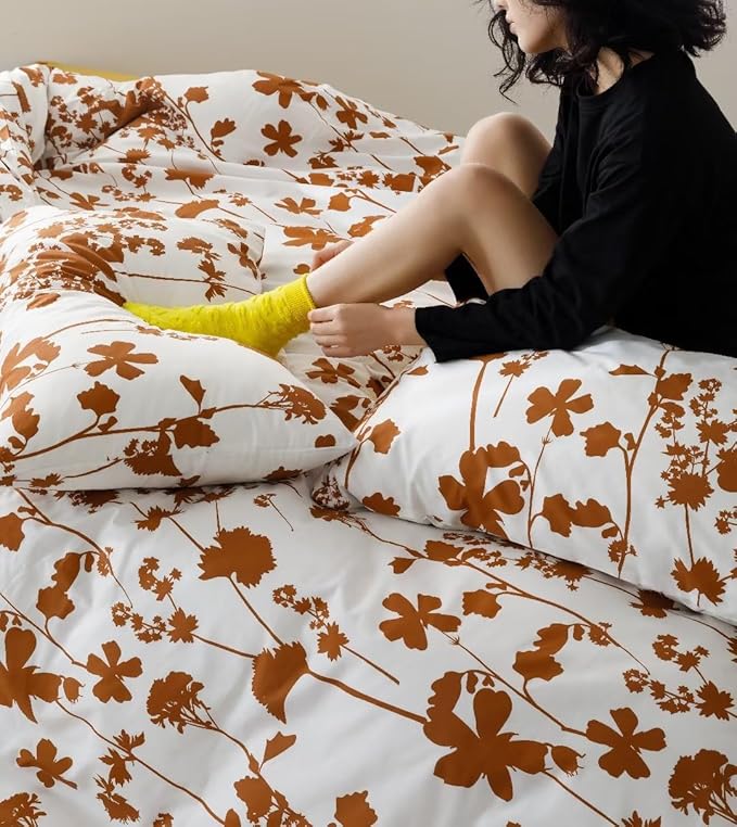 karever Botanical Comforter Set Queen White and Pumpkin Floral Plant Bedding Girls Garden Pattern Printed on Blanket Rustic Leaf Blossom Women Farmhouse Queen,Queen(90''*90'')