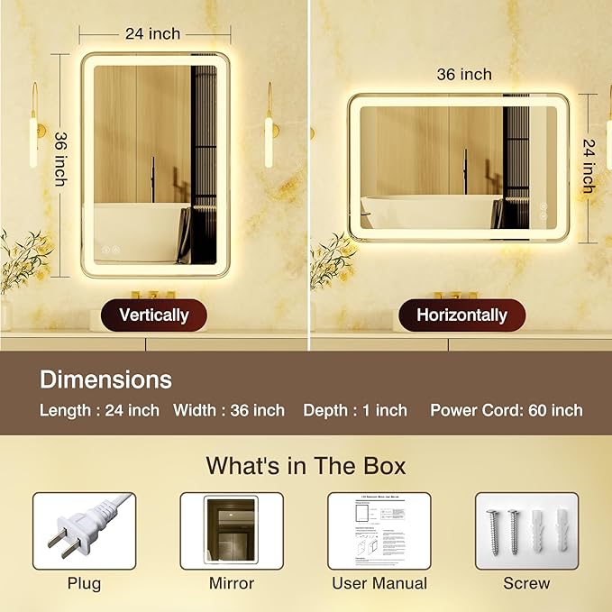 24x36 LED Mirror for Bathroom, Lighted Mirror for Bathroom Wall with Frontlit & Backlit, Stepless Dimmable, Anti-Fog, 3 Colors Temperature, Modern LED Vanity Mirror