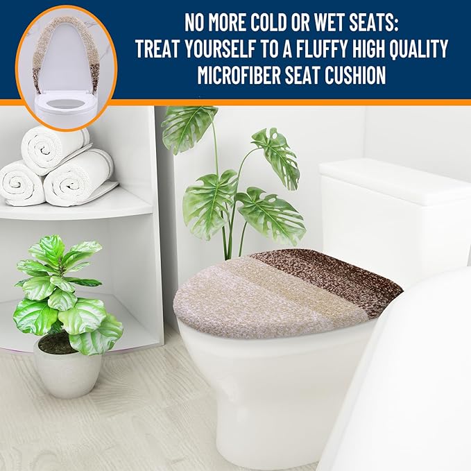 OLANLY Soft Microfiber Bathroom Toilet Lid Cover, Machine Washable Seat Covers, 17.5x15, Stays in Place Rubber Backing, Fits Most Round, Elongated and Oblong Lids, Accessories Decor, Brown