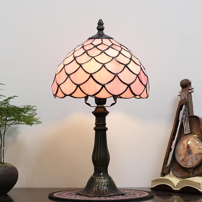 Tiffany Table Lamp for Bedroom Bedside Nightstand Table Lamps for Living Room 3 Way Color Temperatures Stained Glass Table Lamp 8X8X15 Inch Home Office Reading Desk Lamp (Pink Fish Scales)