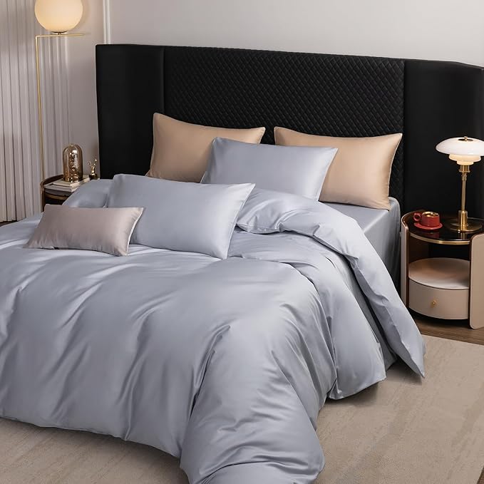 MooMee Duvet Cover Set 100% Extra Long Staple Cotton 600 Thread Count Silky Sateen Smooth Luxury Soft Breathable Durable Hotel Quality Bedding, 3 Pieces (Pale Blue, King 104"x90")