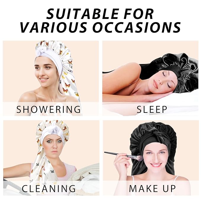 2Pcs Bonnets for Black Women Braid Bonnet, Large Long Satin Bonnet for Braids, Silk Bonnet with Stretchy Tie Band Sleep Cap Hair (2Pcs-Black-Silver Pattern)