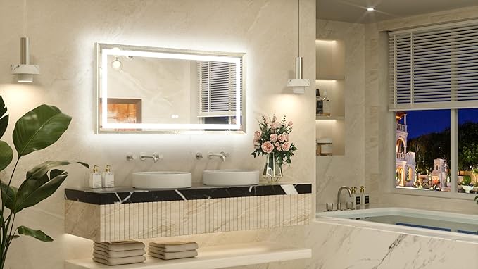TETOTE 48 x 24 Bathroom LED Mirror Brushed Bright Nickel Metal Frame Frontlit & Backlit Vanity Mirror Stepless Dimmable Anti-Fog 3 Colors White/Warm/Natural Light up Vanity Mirror Wall-Mounted