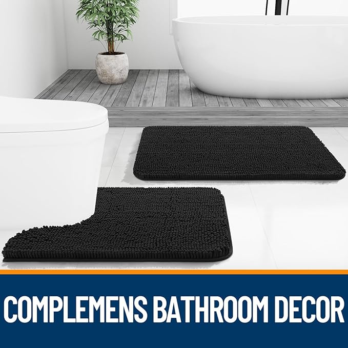 OLANLY Bathroom Rugs 47x32, Extra Soft Absorbent Chenille Bath Rugs, Rubber Backing Quick Dry, Machine Washable Bath Mats for Bathroom Floor, Tub and Shower, Home Decor Accessories, Black