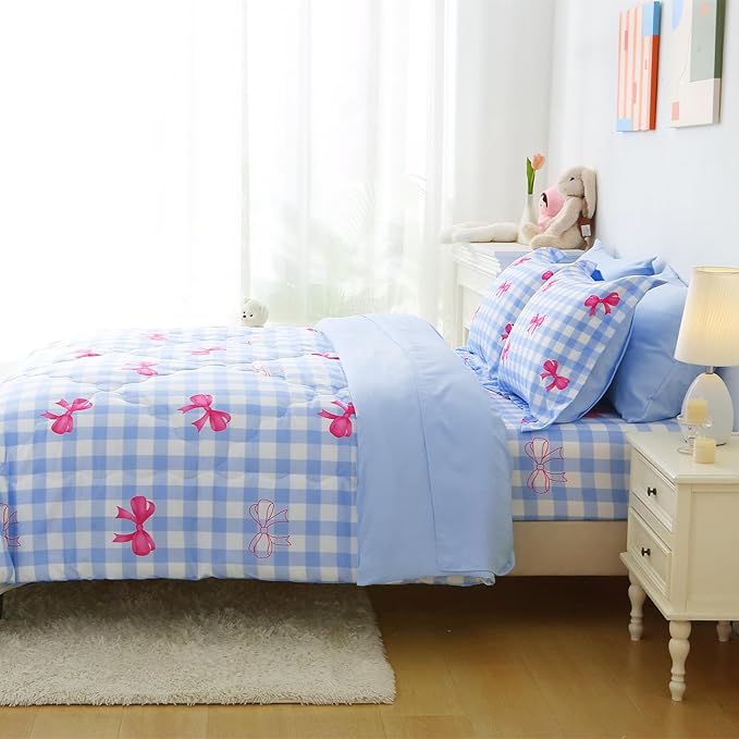 Wajade Bow Comforter Set 7 Piece Blue White Plaid Comforter Sets for Girls Kids Full Size Checkered Bedding Set with Sheet and 2 Pillowcases 2 Pillow Shams Cute Girls Bed in a Bag as Birthday Choice