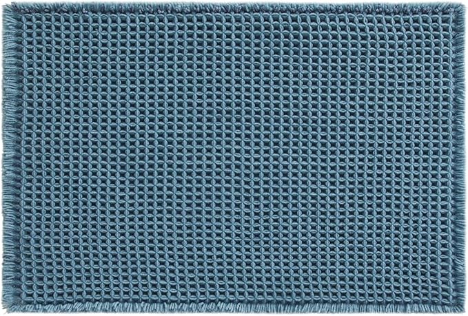 Waffle Bath Mat, Boho Bathroom Rugs Non Slip Washable Super Absorbent Quick Dry Bath Mat Farmhouse Bathroom Decor, 24"x16" Denim Blue