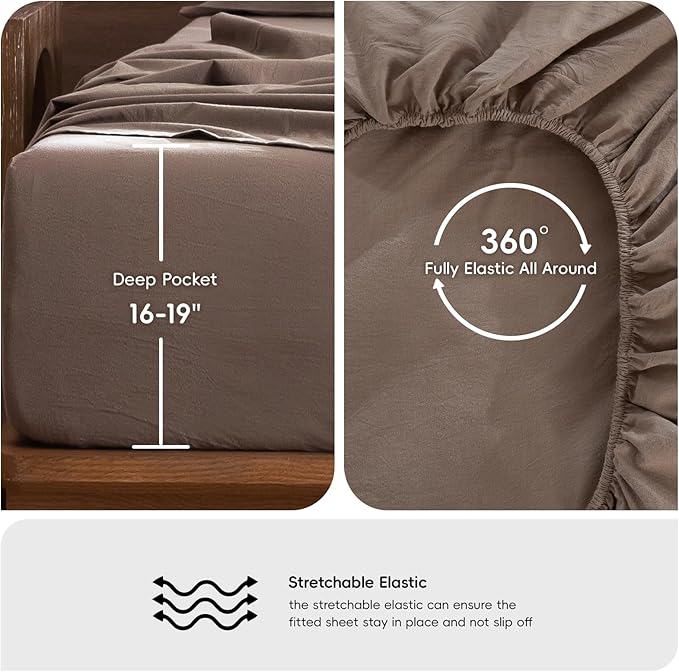MooMee Bedding Sheet Set 100% Washed Cotton Linen Like Textured Breathable Durable Soft Comfy (Solid Brown, California King)
