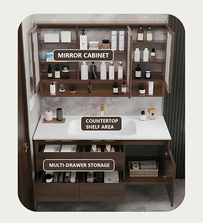 Bathroom Sink Vanity 84Inch, Floating Bathroom Vanity with LED Smart Defogging Mirror Cabinet and Open Shelf, Multi-Layer Solid Wood Bathroom Furniture Cabinet, Wall Mount Installation (Walnut)