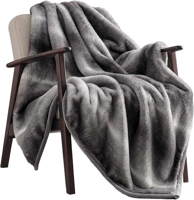 EVERGRACEHOME Ultra Soft Luxury Fluffy Mink Faux Fur Throw Blanket, Thick Warm Fall Winter Blankets for Bed, Couch, Cozy Plush Reversible Blanket for Chair, Sofa (Ombré Silver Onyx, 50"x60")