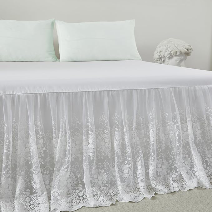 Brandream Luxury White Lace Bed Skirt King Size 18 Inch Drop Split Corners Romantic Bed Cover Dust Ruffle Bed Skirts