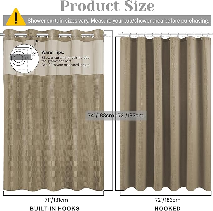 No Hook Shower Curtain with Snap in Liner Set Waffle Shower Curtain for Bathroom Hotel Style Fabric Waterproof Inner Liner,71" W x 74" H, Beige