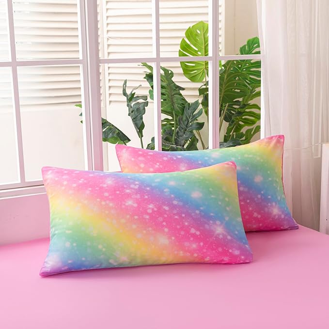 4Pcs Twin Size Comforter Set for Girls Kids, Gradient Rainbow Glitter Girls Bedding Set with Sheets, Soft & Breathable Kids Bed for Gift Bedroom Decor