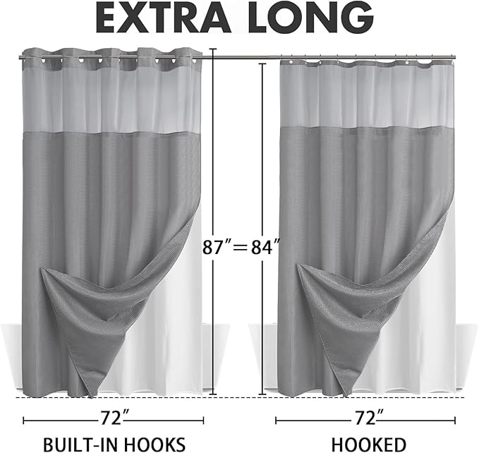 YellyHommy No Hook Shower Curtain with Snap in Liner Set Less Time Grey Waffle Shower Curtain for Bathroom 87" L x 72" W Gray