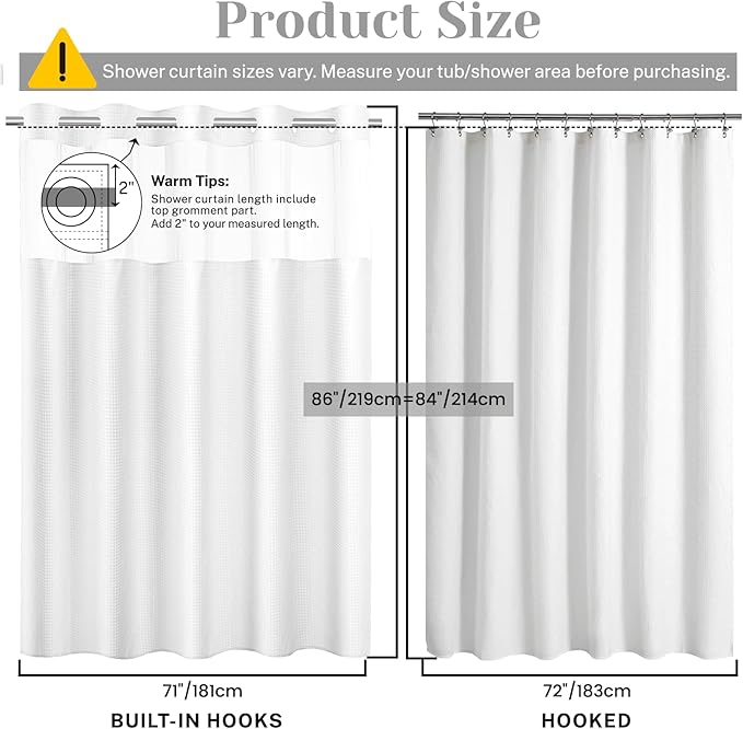 No Hook Shower Curtain with Snap in Liner Set Waffle Shower Curtain for Bathroom Hotel Style Fabric Waterproof Inner Liner,71" W x 86" H, White