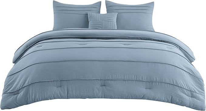 Bedsure Full Comforter Set - 4 Pieces Pinch Pleat Bed Set, Light Blue Boho Bedding for All Season, 1 Soft Comforter, 2 Pillowcases, 1 Decorative Pillow