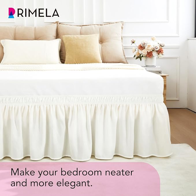 RIMELA Warm White Bed Skirt King Size 12 Inch Drop, Wrap Around Elastic Adjustable Bedskirt, Bed skirting Dust Ruffle for Bed Frame & Box Spring Soft Durable Fabric Machine Washable Easy to Install