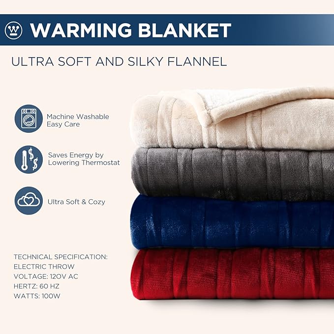 Westinghouse Heated Throw Blanket, Electric Blanket Throw with 6 Heating Levels and 2-10 Hours Time Settings, Flannel to Sherpa Super Cozy Heated Blanket Machine Washable, 50x60 inch, Navy