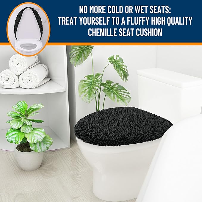 OLANLY Soft Chenille Bathroom Toilet Lid Cover, Machine Washable Seat Covers, 17.5x15, Stays in Place Rubber Backing, Fits Most Round, Elongated and Oblong Lids, Accessories Decor, Black