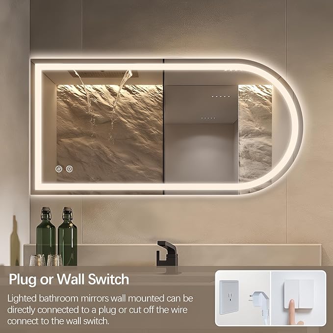 Niccy Arched LED Bathroom Mirror, 48x24 Arch Wall Mounted Frameless Bathroom Mirror for Vanity, Smart Lighted Frontlit Mirrors with Memory Function for Bathroom Bedroom Beauty Hair Salon