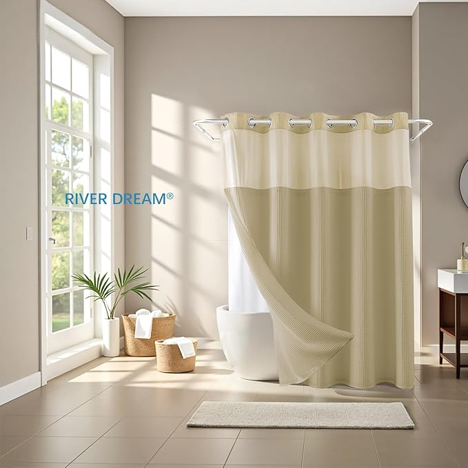 River Dream Linen Fabric Shower Curtain Set, Cotton Blend, Waffle Weave, with Snap in Replacement Liner,71 x 74 inches