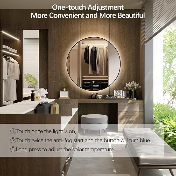 Niccy 30" LED Backlit Round Mirror for Bathroom, Black Framed Vanity Light Wall Mirror LED Smart Circle Mirrors with 3 Lighting Colors, Dimmable Lighted Mirror with Anti-Fog, IP65 Waterproof