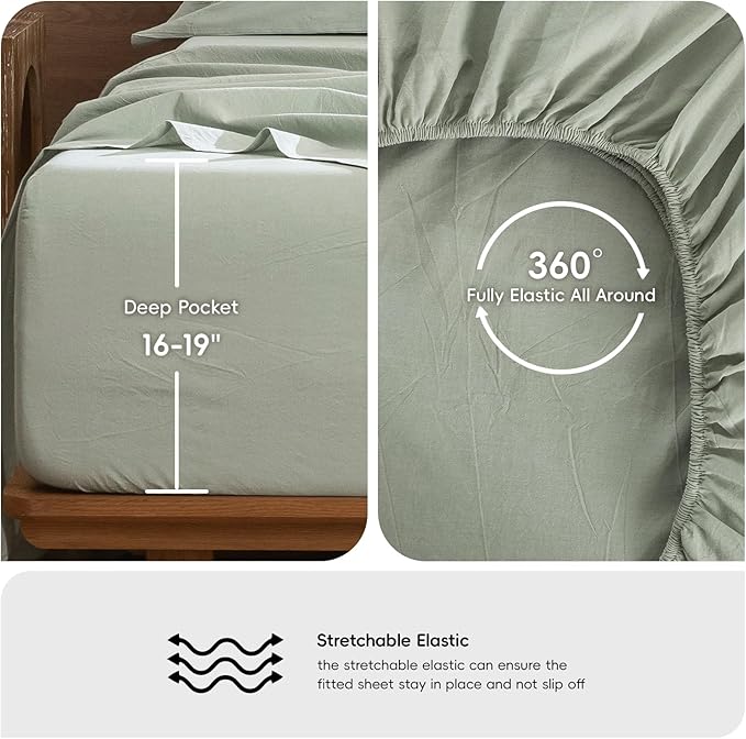 MooMee Bedding Sheet Set 100% Washed Cotton Linen Like Textured Breathable Durable Soft Comfy (Heathered Sage Green, California King)