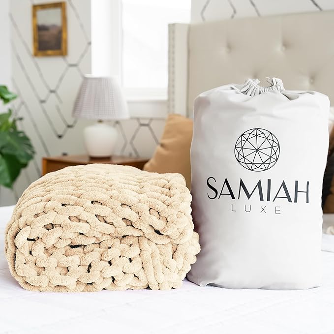 SAMIAH LUXE Chunky Knit Blanket Throw 50x60", Cream Chenille Chunky Knit Throw Blanket for Living Room Decor or Boho Decor, Thick Yarn Knitted Blankets for Couch or Bed, Cable Knitted Crochet Blankets