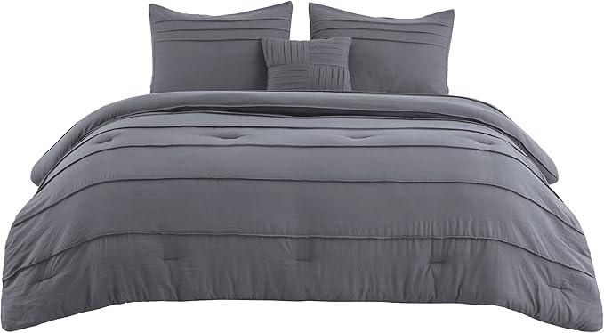 Bedsure Queen Comforter Set - 4 Pieces Pinch Pleat Bed Set, Dark Grey Boho Bedding for All Season, 1 Soft Comforter, 2 Pillowcases, 1 Decorative Pillow