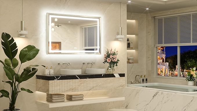 TETOTE 48 x 30 Large Bathroom Mirror Brushed Bright Nickel Metal Frame Frontlit & Backlit Vanity Mirror 3 Colors White/Warm/Natural Stepless Dimmable Anti-Fog Bathroom Mirrors for Vanity Wall-Mounted