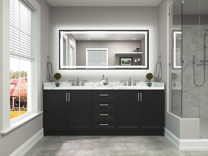 TETOTE 72 x 32 Large Bathroom Mirror Brushed Black Metal Frame Frontlit & Backlit Vanity Mirror 3 Colors White/Warm/Natural Stepless Dimmable Anti-Fog Bathroom Mirrors for Vanity Wall-Mounted