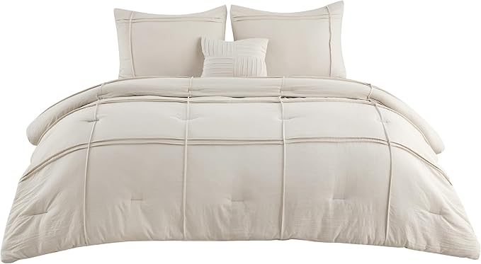 Bedsure California King Comforter Set - 4 Pieces Grid Pleat Bed Set, Beige Boho Bedding for All Season, 1 Soft Comforter, 2 Pillowcases, 1 Decorative Pillow