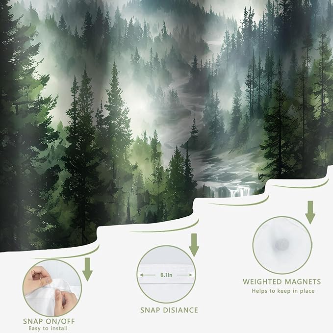 No Hook Mountain Shower Curtain with Snap in Liner Set Modern Forest for Bathroom Fabric Ringless Mist Pine Tree Curtains and Hotel Bathroom Indoor and Outdoor Decoration 71 x 74