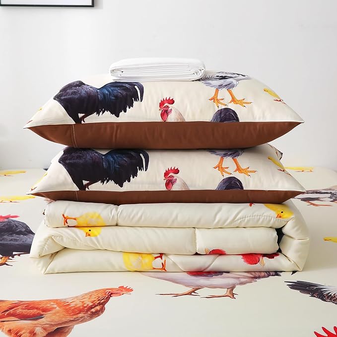 Wajade Chicken Comforter Set 7 Pcs Animal Theme Bedding Set Full Size for Kids Adults Chicken Quilt Farm Theme Printed Pattern for Thanksgiving Birthday