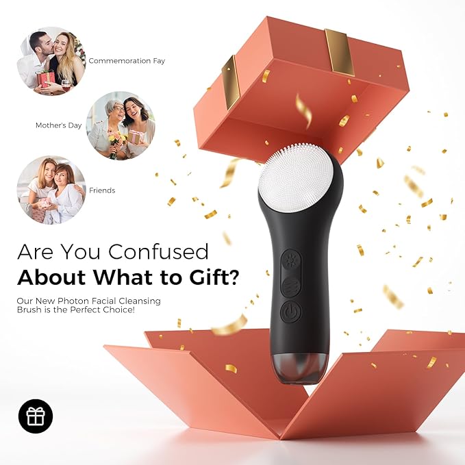Facial Cleansing Brush Electric Face Scrubber - Rechargeable Face Cleansing Brush with 4 LED Gentle Light Silicone Heat and Vibration Exfoliator Massage Deep Cleansing,IPX7 Waterproof,Ideal Gift