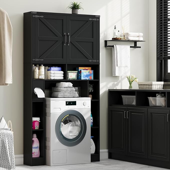 Over The Toilet Storage Cabinet, Farmhouse Storage Cabinet Over Toilet with 2 Barn Doors ,Toilet Paper Holder Stand,Home Space-Saving Toilet Rack, for Laundry, Restroom, Bathroom.Black