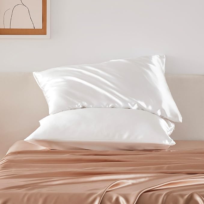 Bedsure Satin Pillowcase with Zipper, Similar to Silk Pillow Cases 2 Pack, Satin Pillow Cases Queen Size Set of 2, Silky & Soft Ivory Pillow Cover for Hair and Skin, Gifts for Women Men, 20x30 Inches