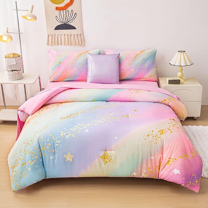 Rainbow Bedding Set Queen Size – 6-Piece Reversible Girls Comforter with Deep-Pocket Sheet, Gradient Galaxy Design, Whole-Piece Filling, Machine Washable Bed-in-a-Bag for Kids Room Makeover & Gifts