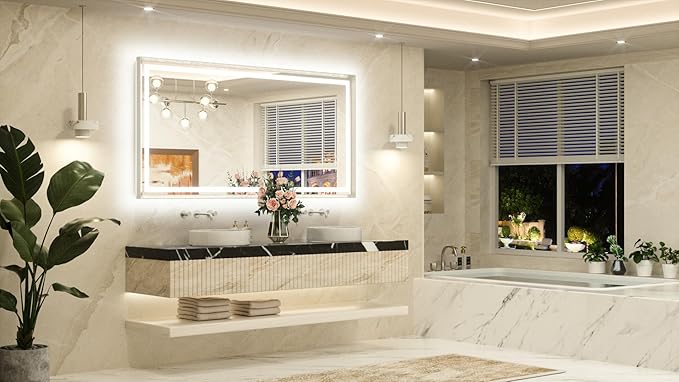 TETOTE 72 x 36 Large Bathroom Mirror Brushed Nickel Metal Frame Frontlit & Backlit Vanity Mirror 3 Colors White/Warm/Natural Stepless Dimmable Anti-Fog Bathroom Mirrors for Vanity Wall-Mounted