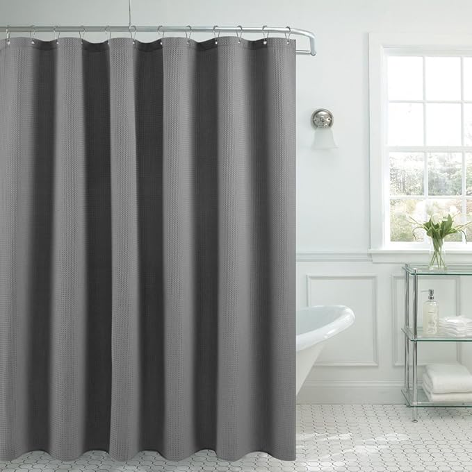 BAROSSA design XLong Fabric Waffle Weave Shower Curtain 96 inch Height, Hotel Luxury Spa, Water Repellent, 230 GSM Heavy Duty, Machine Washable, Gray, 71x96