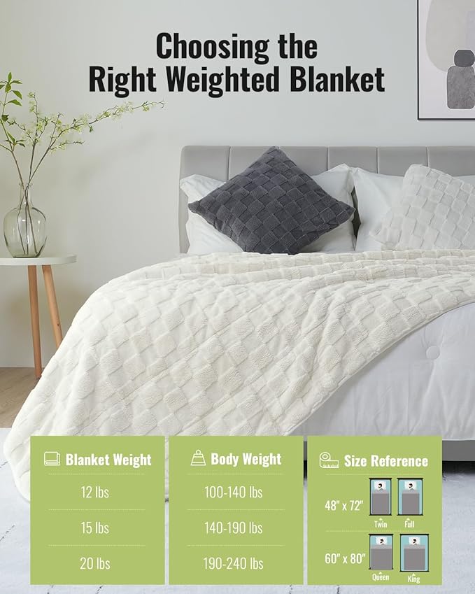Uttermara Sherpa Fleece Weighted Blanket Queen Size(15lbs, 60" x 80", Cream White), 3D Jacquard Checkered Warm Sherpa Heavy Blanket for Adults, Soft Fuzzy Weighted Blankets for Couch Bed Sofa