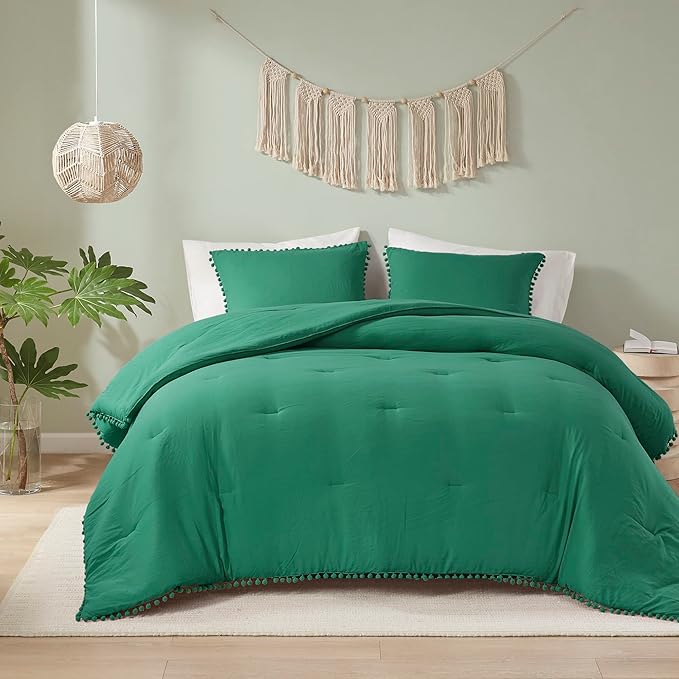 Codi Emerald Green Boho Twin Comforter Set, Aesthetic Luxurious Pom Fringe Design Bedding,Cute Soft Washed Microfiber Bed Sets, Lightweight Chic,1 Comforter & 1 Pillowcase