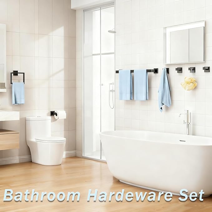 20-Piece Matte Black Bathroom Accessories Set, 16-in Bathroom Towel Rack Set, 304 Stainless Steel Bathroom Hardware Set, Robe Towel Hooks, Toilet Paper Holder Wall Mounted (20 Pcs)