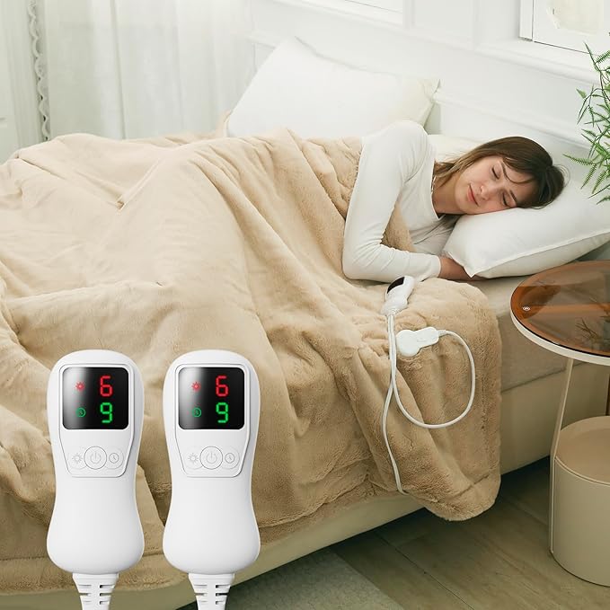 Heated Blanket Electric Blanket Queen Size, Faux Fur Heat Blanket, Super Soft Cozy Heating Blanket with 9 Heating Levels & 1-9 Hours Auto Off, Fast Heating & Overheat Protection, 84" x 90", Beige