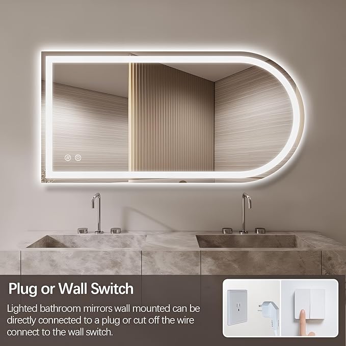 Niccy Arched LED Mirror for Bathroom, 55x30 Vanity Mirror with Light Frameless Bathroom Mirror, Smart Lighted Frontlit Mirrors with Memory Function for Bathroom Bedroom Beauty Hair Salon