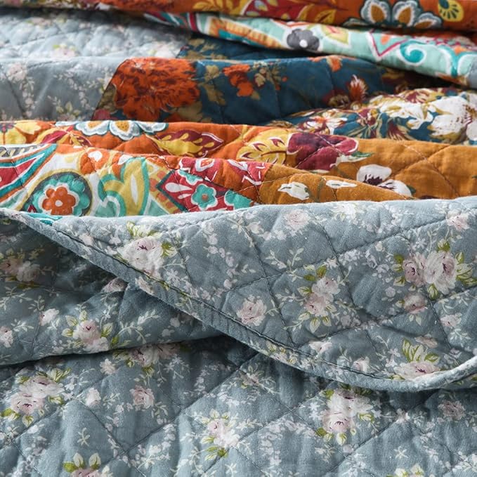 Autumn Dream Cotton Bedspread Quilt Sets Reversible Bedding Coverlet Sets Comforter, Paisley Floral Patchwork Yellow Grey Bedspread, Queen Size