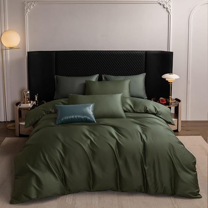 MooMee Duvet Cover Set 100% Extra Long Staple Cotton 600 Thread Count Silky Sateen Smooth Luxury Soft Breathable Durable Hotel Quality Bedding, 3 Pieces (Olive Green, Queen 90"x90")