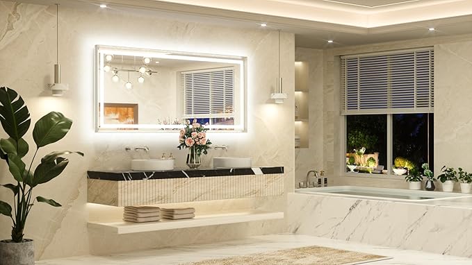 TETOTE 72 x 32 Large Bathroom Mirror Brushed Nickel Metal Frame Frontlit & Backlit Vanity Mirror 3 Colors White/Warm/Natural Stepless Dimmable Anti-Fog Bathroom Mirrors for Vanity Wall-Mounted