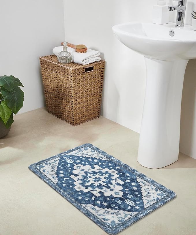 Uphome Vintage Bathroom Rug Blue Boho Non-Slip Bathroom Mat Oriental Soft Machine Washable Bath Rugs Cute Tribal Floral Floor Mats for Sink Tub Door Mat, 18x25 inch